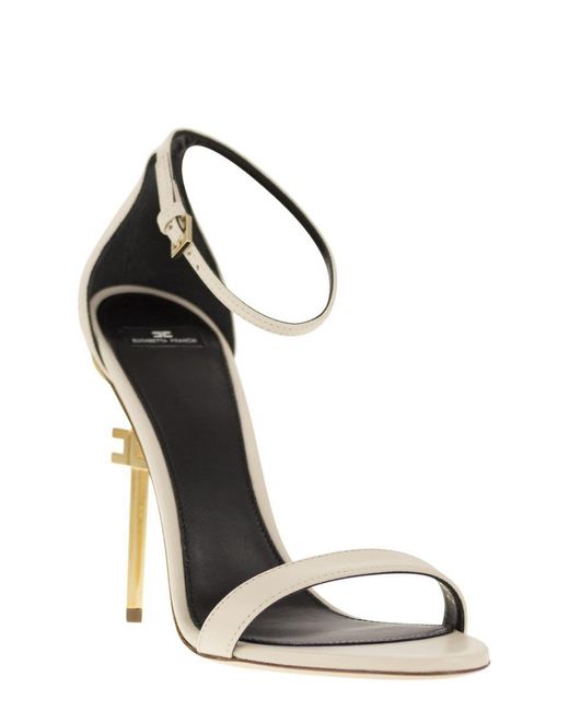 Elisabetta Franchi White Leather Sandals With Logo Heel