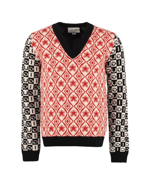 Gucci Red V-neck Wool Sweater for men