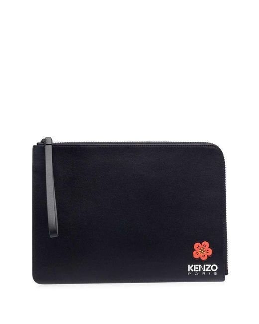KENZO Blue Black Clutch Bag With Logo Patch And Wrist Strap In Leather Man for men