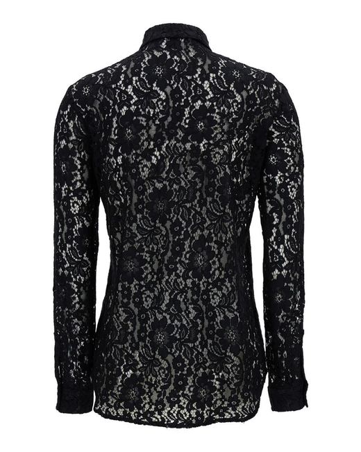 Plain Black Shirt With Classic Collar And Buttons In Lace Woman