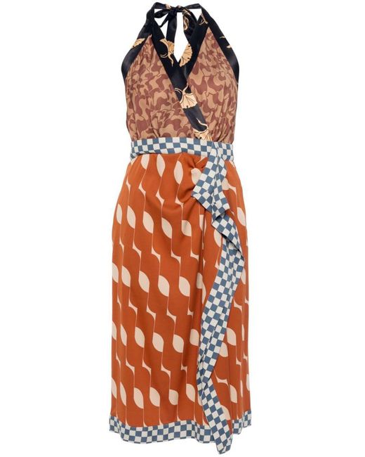 Dries Van Noten Orange Silk Blend Satin Midi Dress With Print