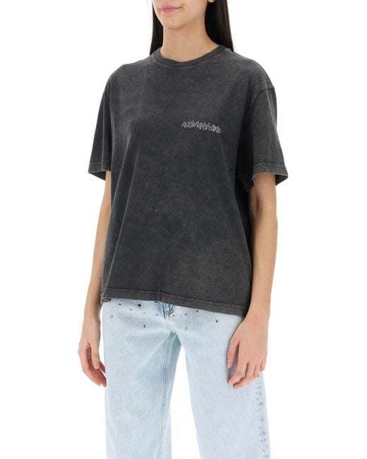 Alessandra Rich Black Oversized T-shirt With Print And Rhinestones