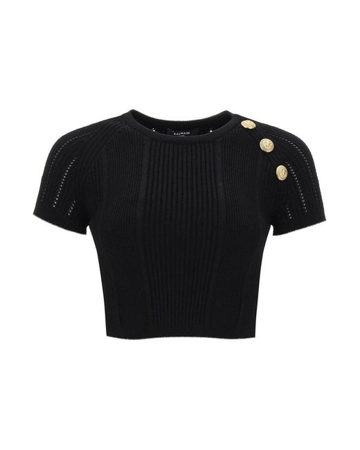 Balmain Black Knitted Cropped Top With Embossed Buttons