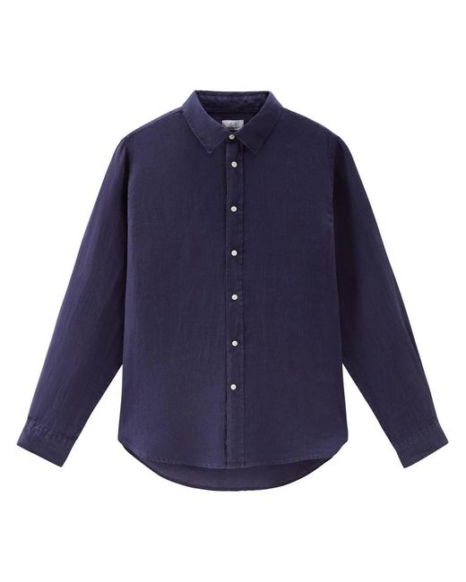 Woolrich Blue Point-collar Linen Shirt for men
