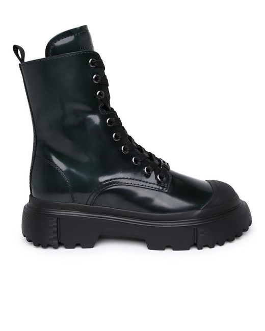 Hogan Black H619 Green Leather Combat Boots