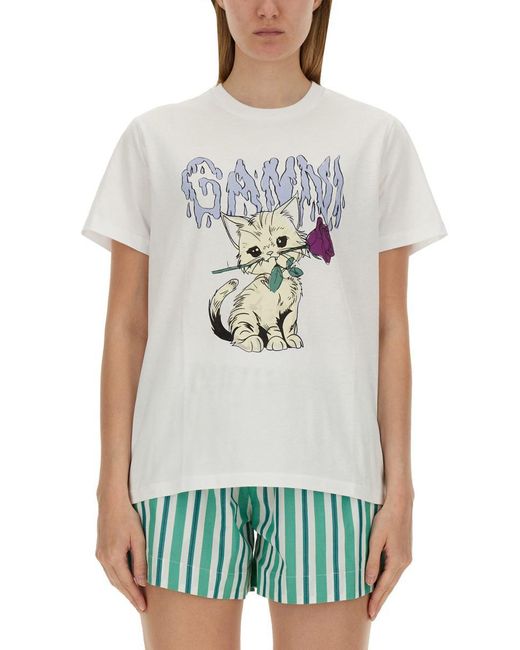 Ganni White T-Shirt "Cat"