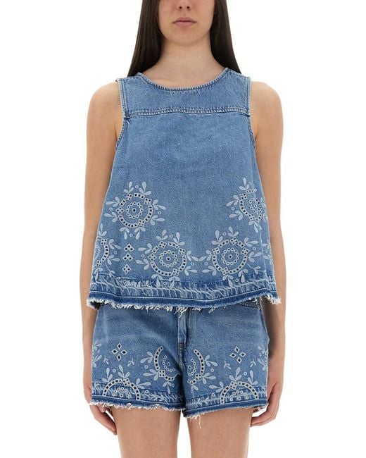 Ganni Blue Top With Sangallo Embroidery