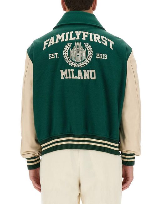 FAMILY FIRST Green College Varsity Jacket for men