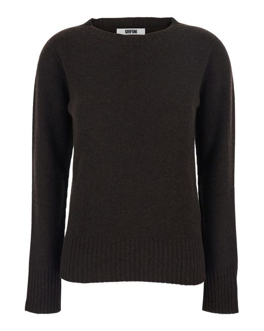 Grifoni Black Brown Crewneck Sweater With Ribbed Trims In Wool Woman