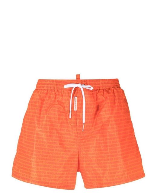 DSquared² Orange Logo Print Swim Shorts for men