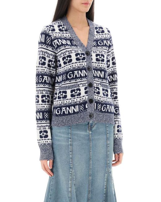 Ganni Blue Jacquard Wool Cardigan With Logo Pattern