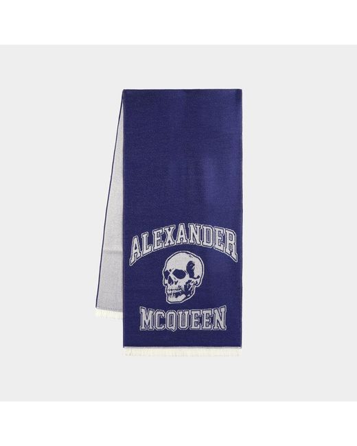 Alexander McQueen Blue Varsity Skull Logo Scarf for men