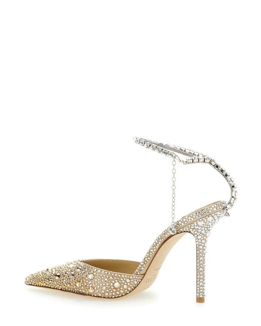 Jimmy Choo White 'saeda 100' Gold Pumps With All-over Crystals In Satin Woman