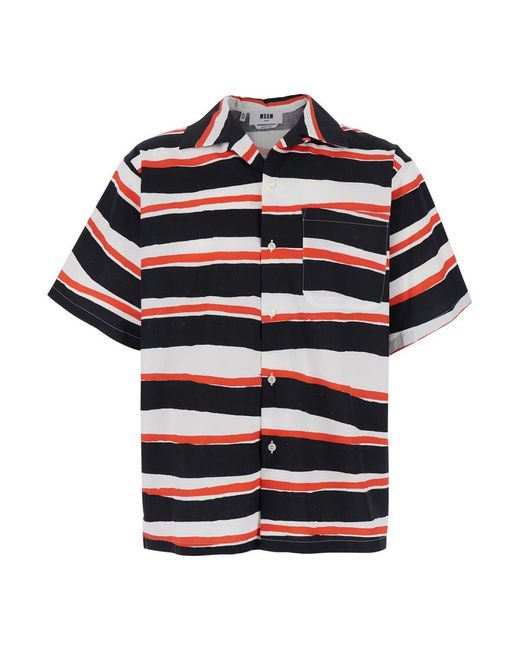 MSGM Blue Shirt With All-Over Asymmetric Striped Motif for men