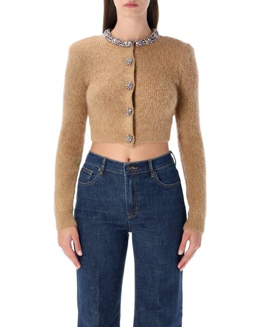 Self-Portrait Blue Camel Alpaca Cropped Cardigan With Crystal Trims
