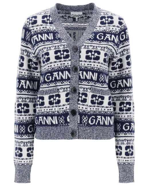 Ganni Blue Jacquard Wool Cardigan With Logo Pattern