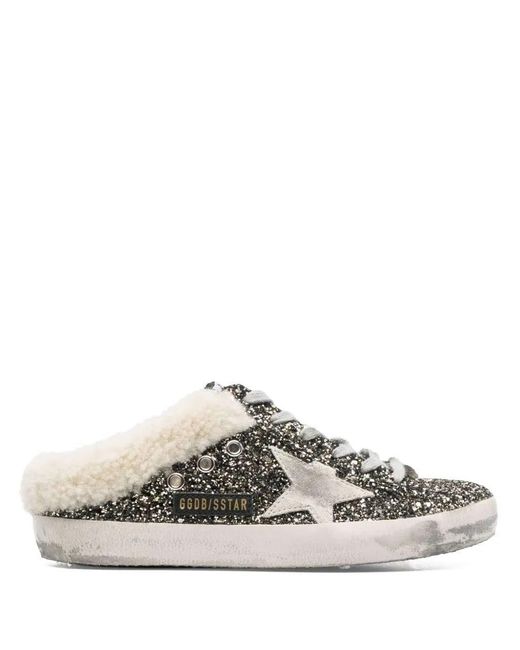 Golden Goose Deluxe Brand White Super-Star Sabot Glitter Upper Suede Star Shearling Lining