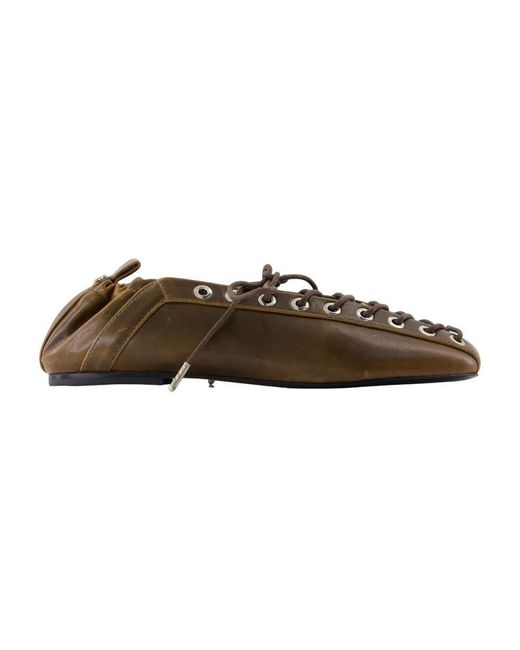 Ganni Brown Eyelets Lace Up Crinkle Ballerinas