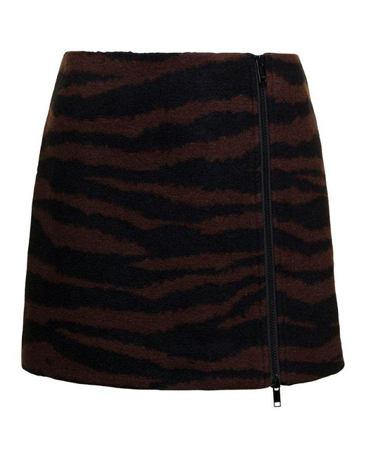 Ganni Black And Mini-Skirt With Zip And Zebra Print