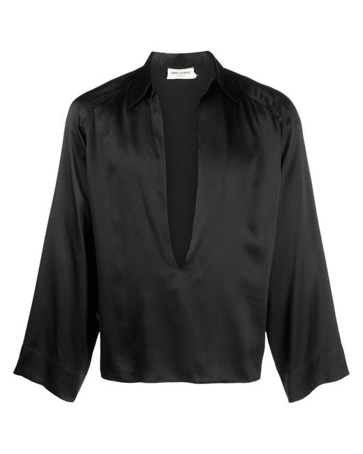 Saint Laurent Black Plunge-neck Silk Shirt for men