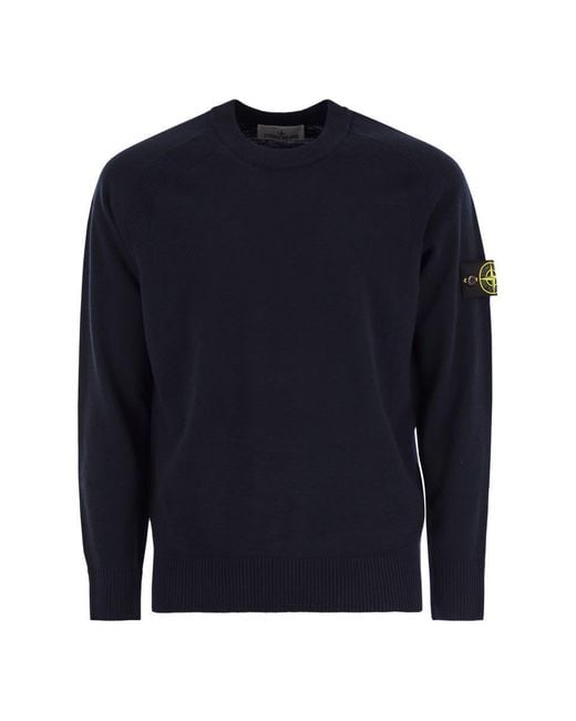 Stone Island Blue Crew-Neck Jumper With Raglan Sleeves And Ribbed Edges for men