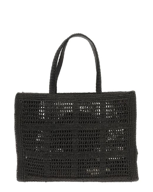Tory Burch Black Tote Bag With Jacquard Logo In Crochet Woman