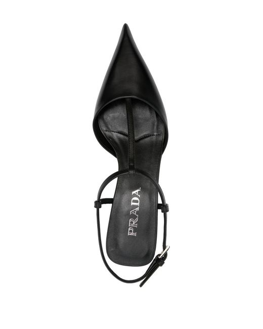 Prada Black Decolette 35 Mid Heel Point Toe Tbar Pump Leather