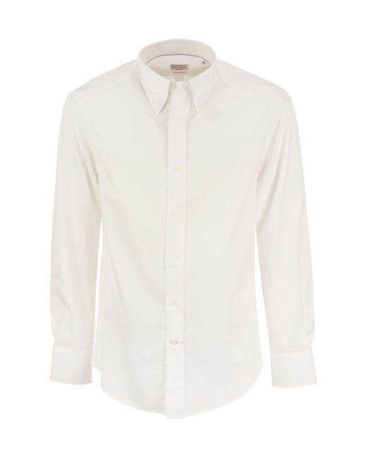 Brunello Cucinelli White Slim Fit Twill Shirt Button Down for men