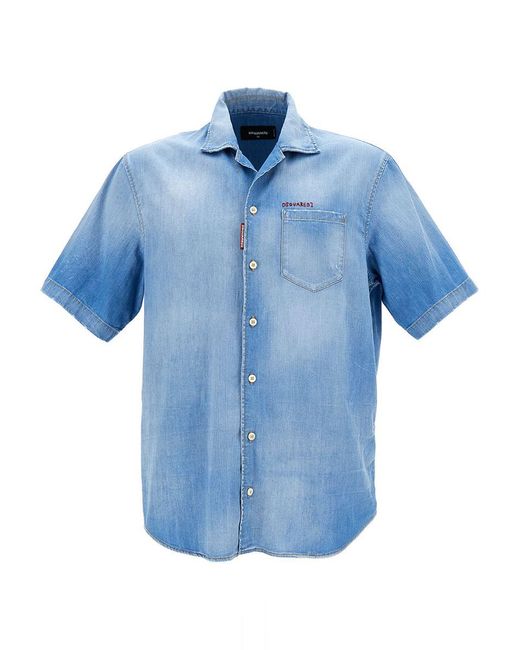 DSquared² Blue Light Bowling Shirt With Logo Lettering Embroidery for men