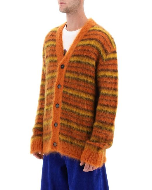 Marni Orange Cardigan In Striped Brushed Mohair for men