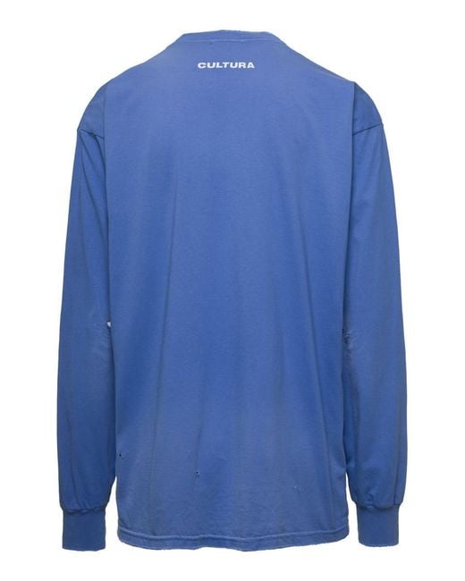 Cultura Blue Crewneck Sweatshirt With Contrasting Cltr Print for men