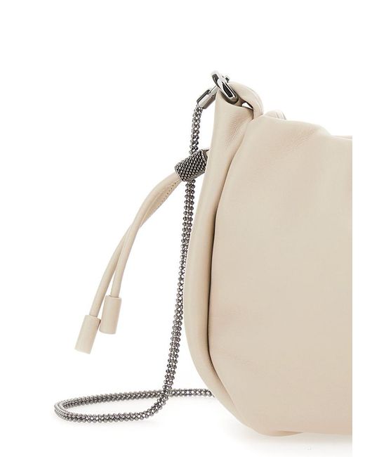 Brunello Cucinelli Natural 'Mellow' Crossbody Bag With Drawstring Closure And Chain Shoulder Strap