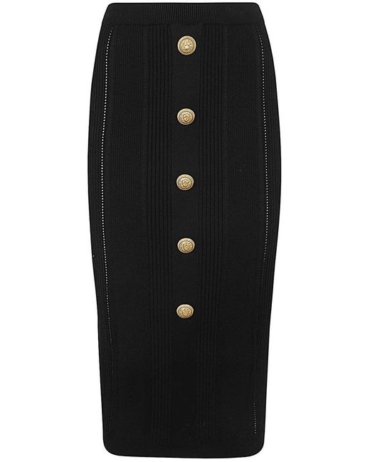Balmain Black High Waist Five Button See Through Knit Midi Skirt Clothing
