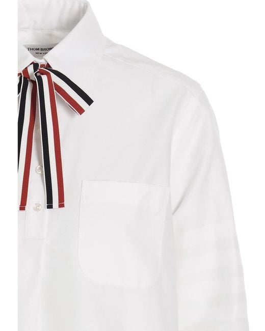 Thom Browne White Logo Pussy Bow Blouse