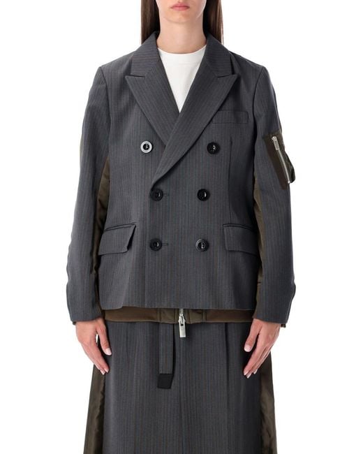 Sacai Gray Wool And Twill Double-Breasted Blazer