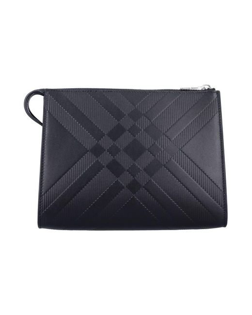 Burberry Blue Embossed Check Leather Pouch for men