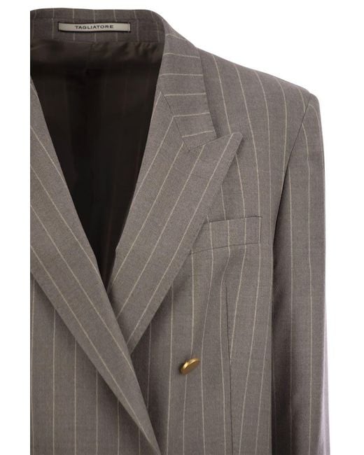 Tagliatore Gray Stretch Wool Double-Breasted Pinstripe Blazer