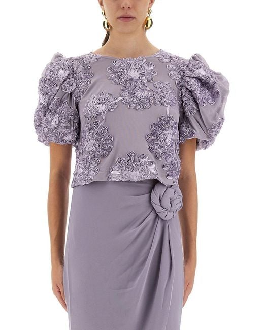 ROTATE BIRGER CHRISTENSEN Purple 3D Floral Mesh Top With Voluminous Puff Sleeves