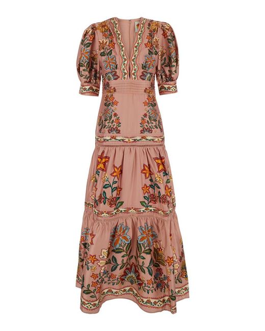 Farm Rio Brown Long Dress With V-Neck And All-Over Floral Print