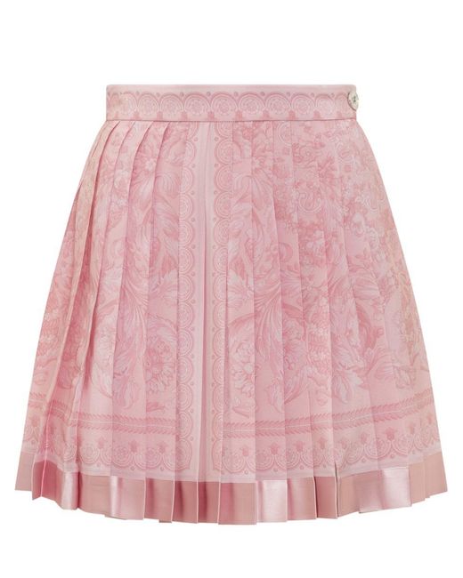 Versace Pink Pleated Silk Miniskirt With Baroque Print