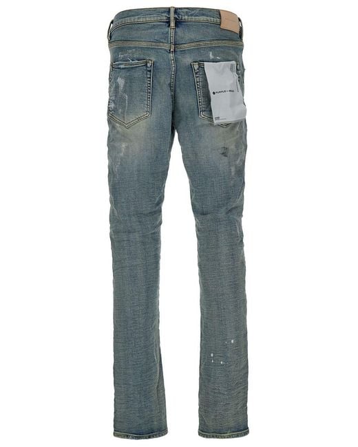 Purple Brand Light Blue Five Pockets Skinny Jeans With Paint Stains In Cotton Denim Man for men