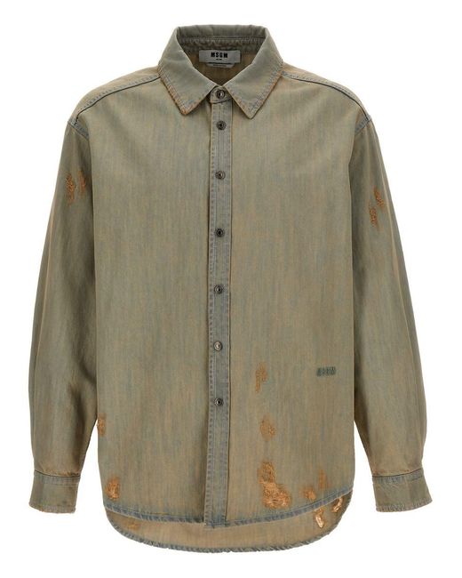 MSGM Green Stone Wash Denim Shirt Shirt, Blouse for men