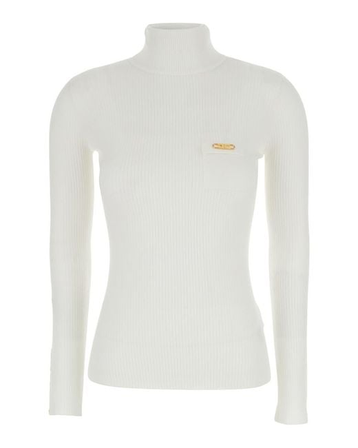 Elisabetta Franchi White Turtleneck Sweater With Logo Plaque On The Front