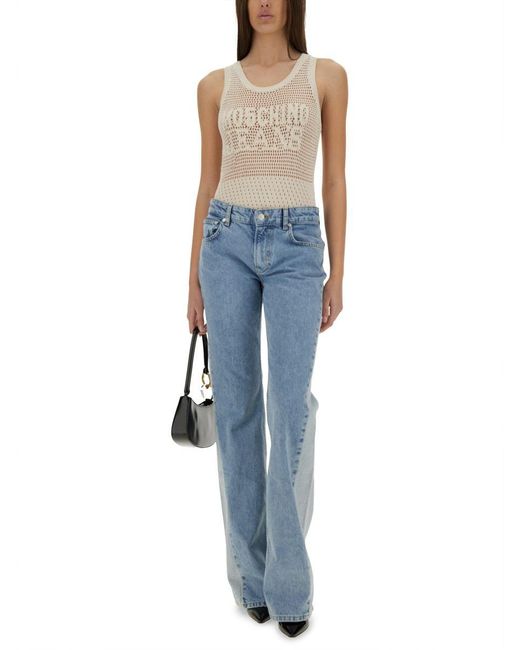 Moschino Blue Slim-Fit Mesh Top With Distinctive Logo Design