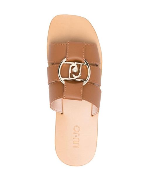 Liu Jo Brown Leather Slides With Logo Plaque