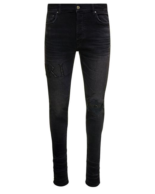 Amiri Black Skinny Jeans With Crystal Embellished Logo And Used Effect for men