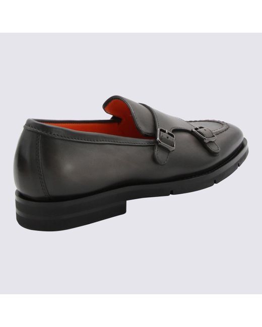 Santoni Black Grey Leather Loafers for men