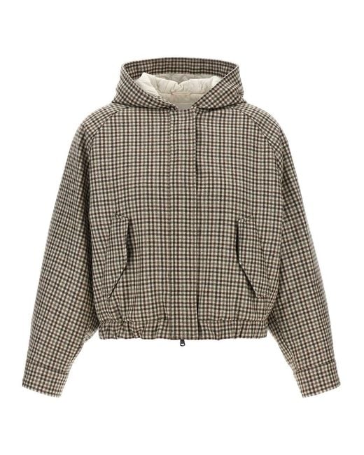 Brunello Cucinelli Natural 'Shiny Zipper Pull' Check Jacket