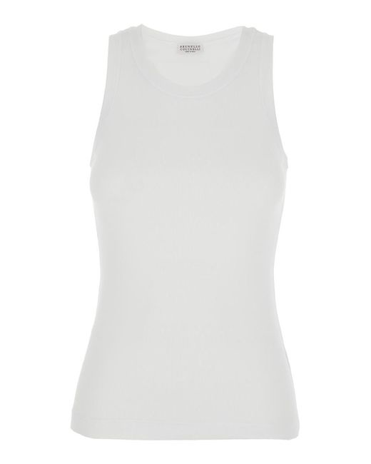 Brunello Cucinelli White Sleeveless Top With Round Neck And Monil Detail On The Rear
