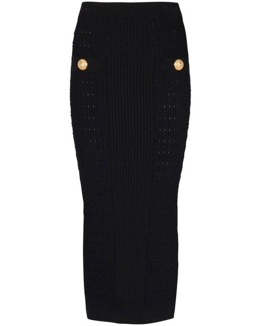 Balmain Black Button-Embossed Knit Midi Pencil Skirt